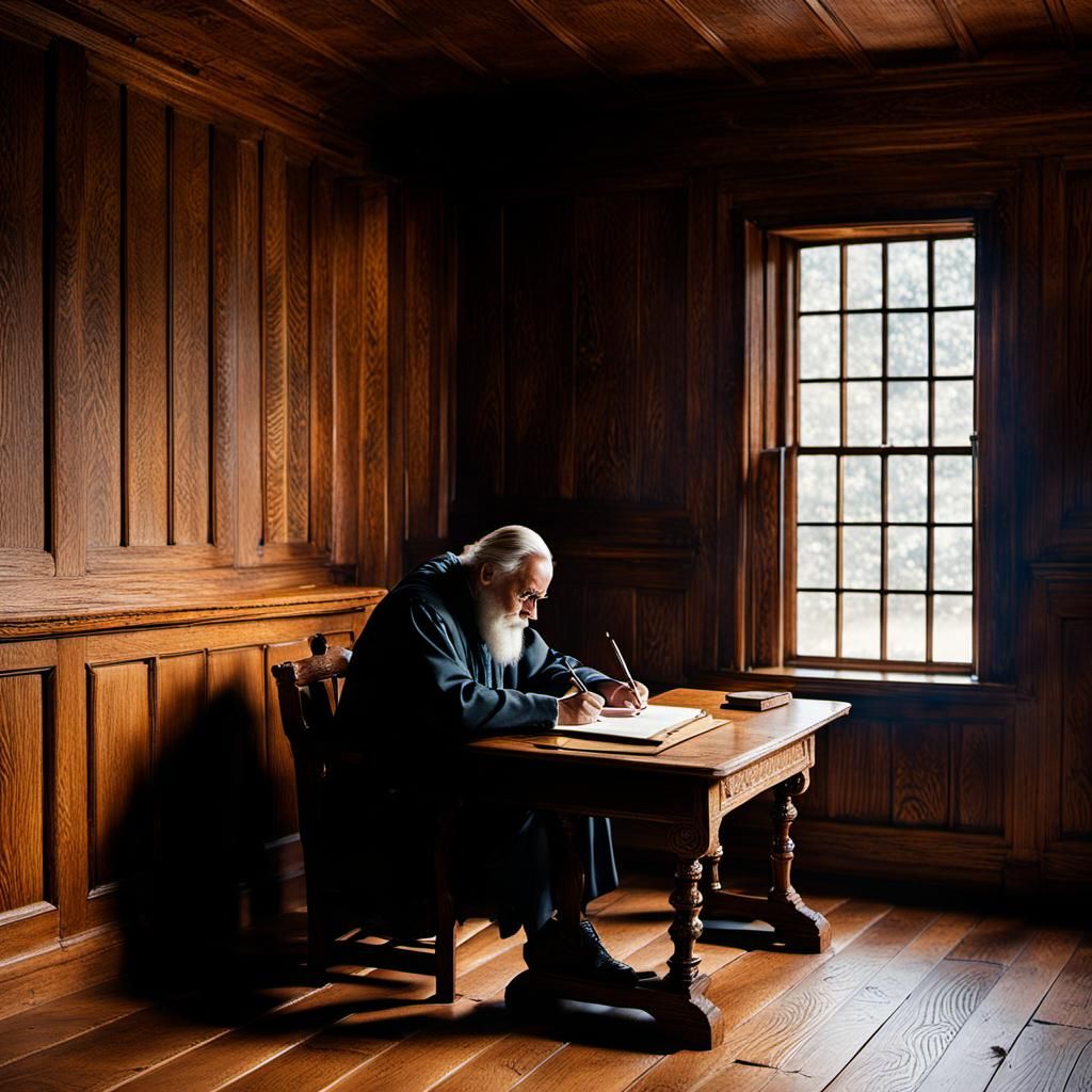 Wise Man Writing in Oak Paneled Room