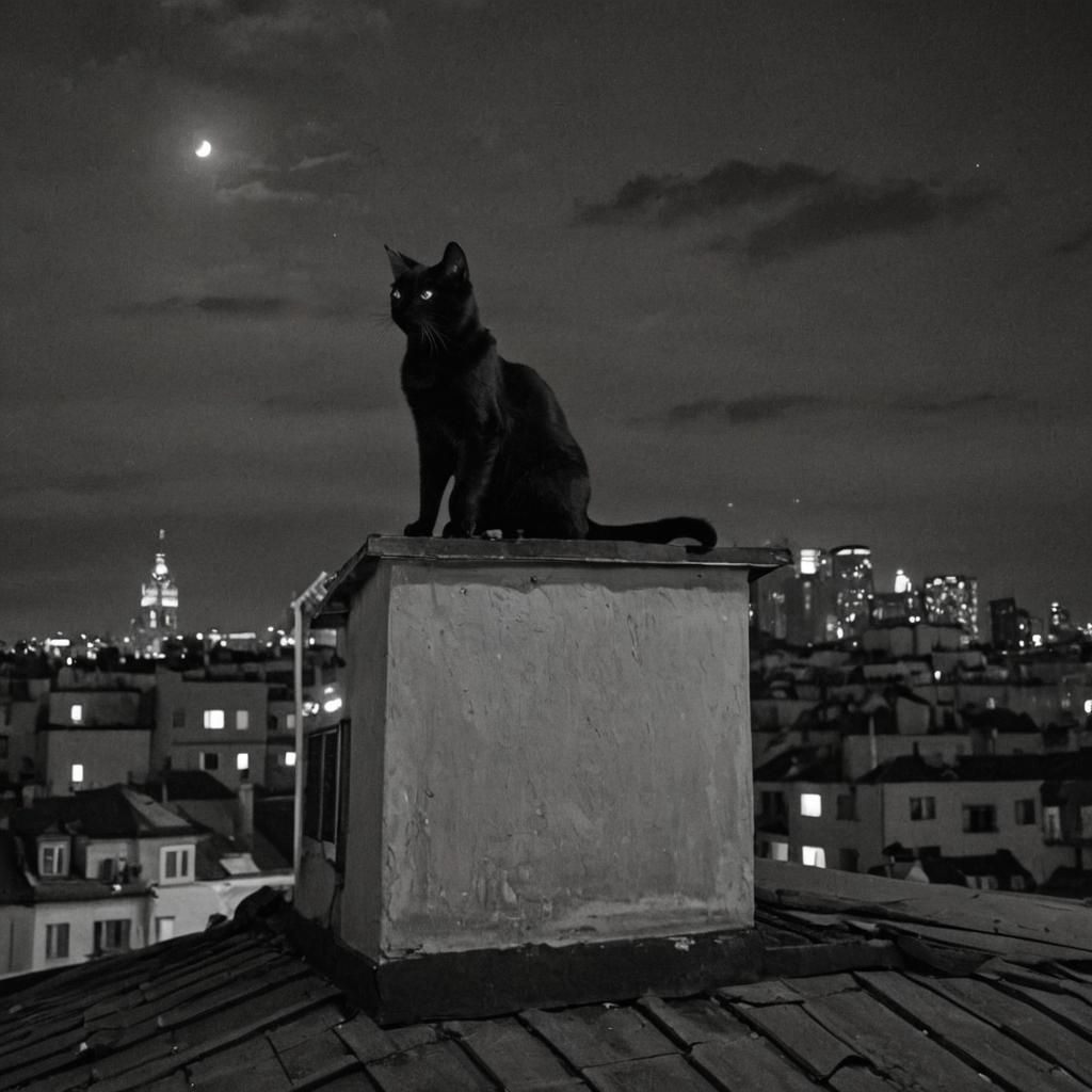 Black Cat on City Roof at Night