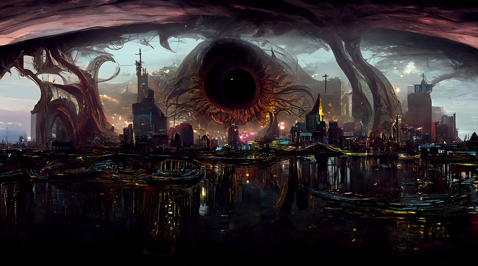 Eldritch Eye Over Modern City, Digital Illustration