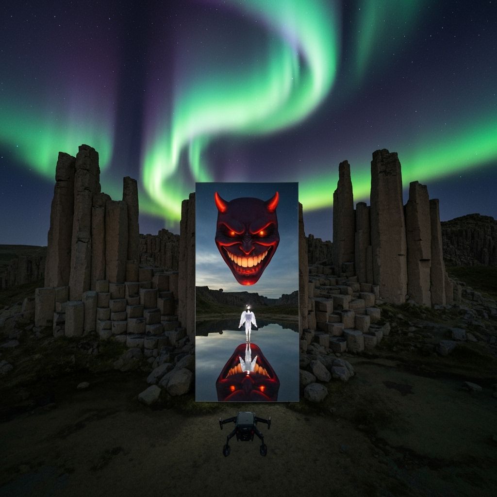 Angelic Figure Reflecting Devilish Grin Under Aurora Sky