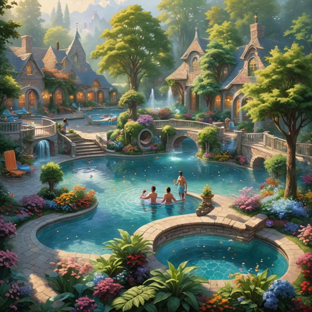 Idyllic Summer Resort Pool Scene in Fantasy Style