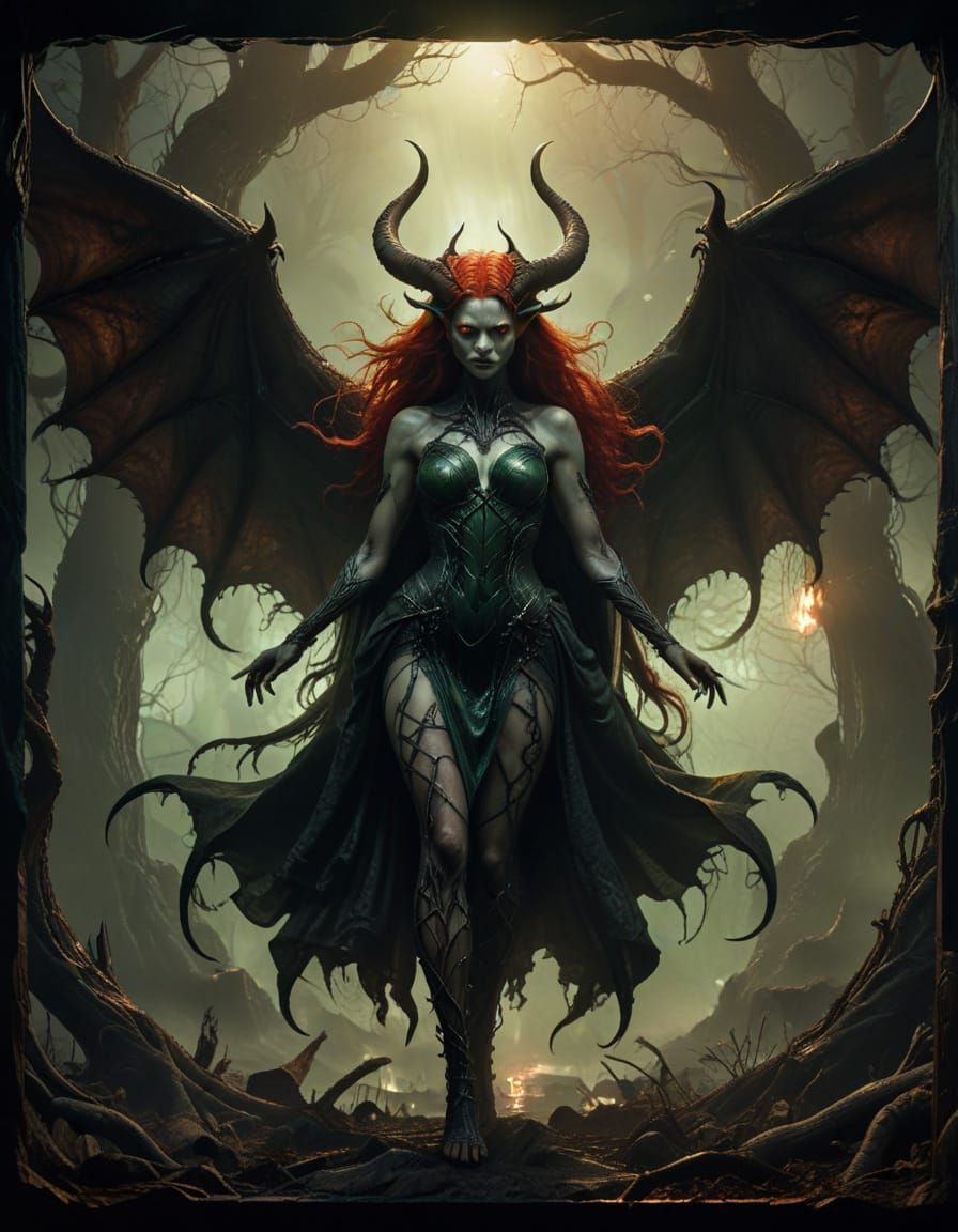 Red haired vixen demon devil big horns delicate dress evil h...