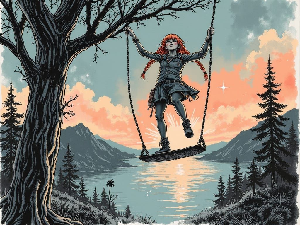 Cyberpunk Goddess of Whimsy on Celestial Swing