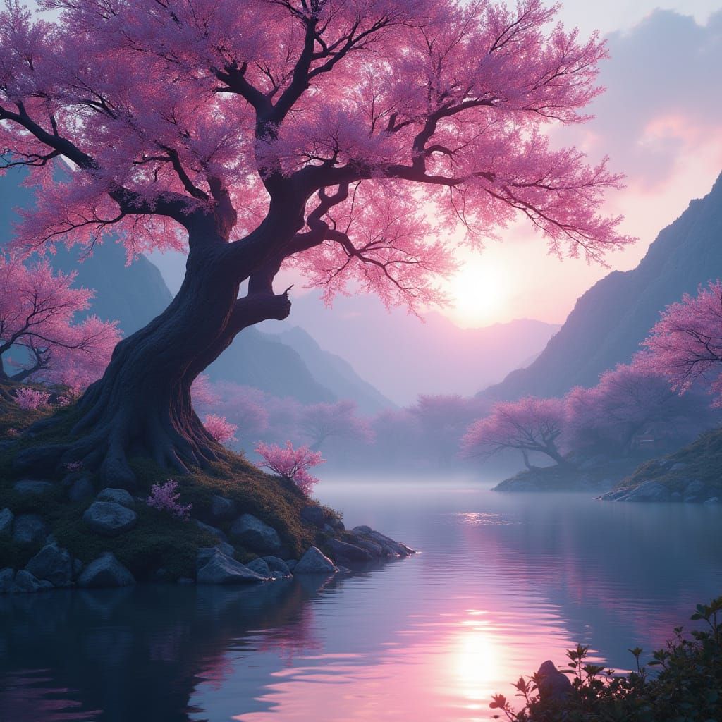 Ethereal Sakura Tree Under Starlit Japanese Skies