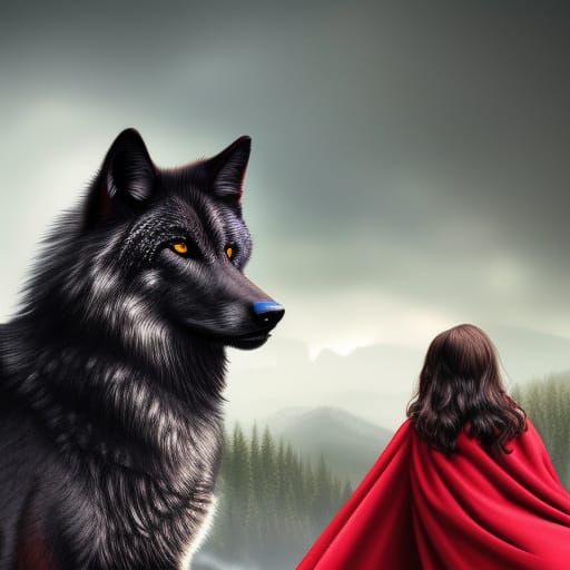 Fluffy Black Wolf and Girl in Red Cape