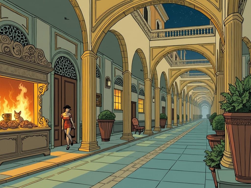 Ethereal Landscape of Mnemosyne Falls in Art Nouveau Style