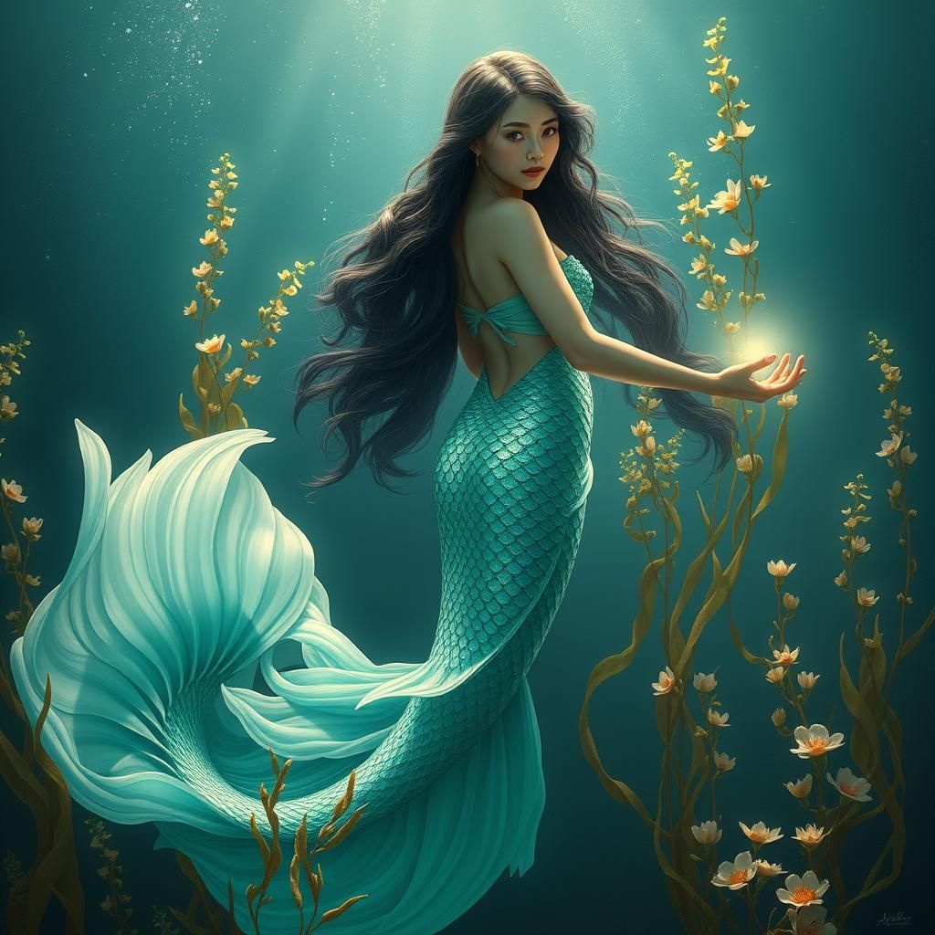 Majestic Mermaid in Underwater Aurora, Digital Art