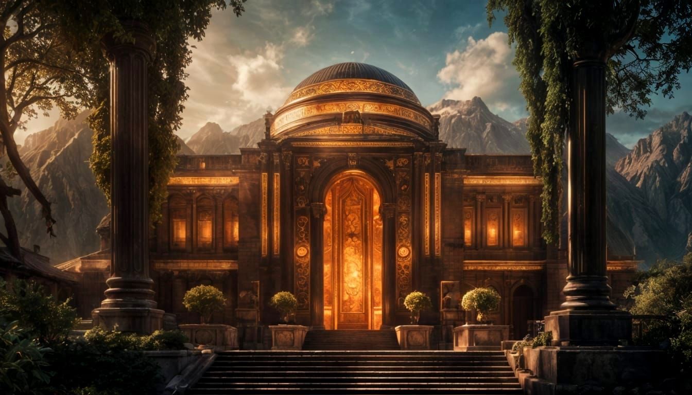 Art Deco Temple Landscape in Photorealistic Style