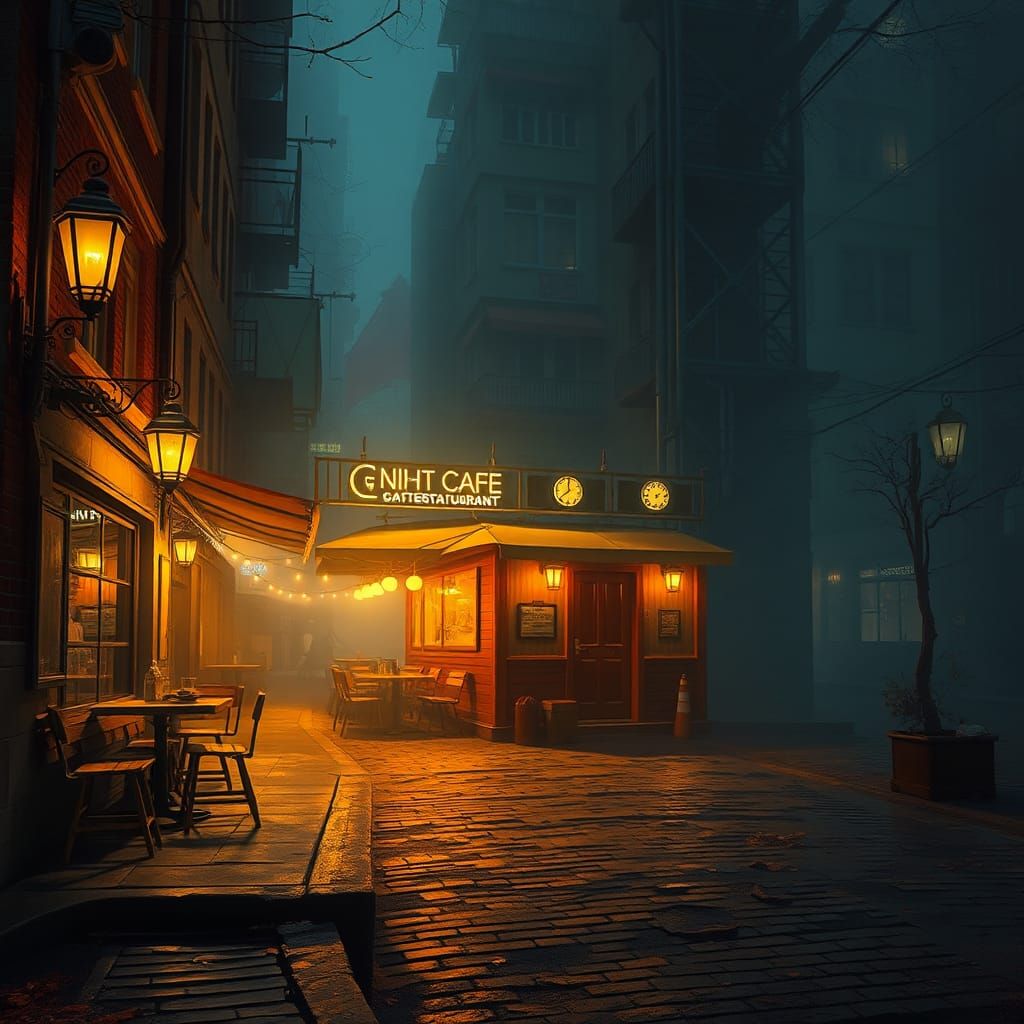 Night Cafe Restaurant with Yellow Lanterns in Cinematic Styl...
