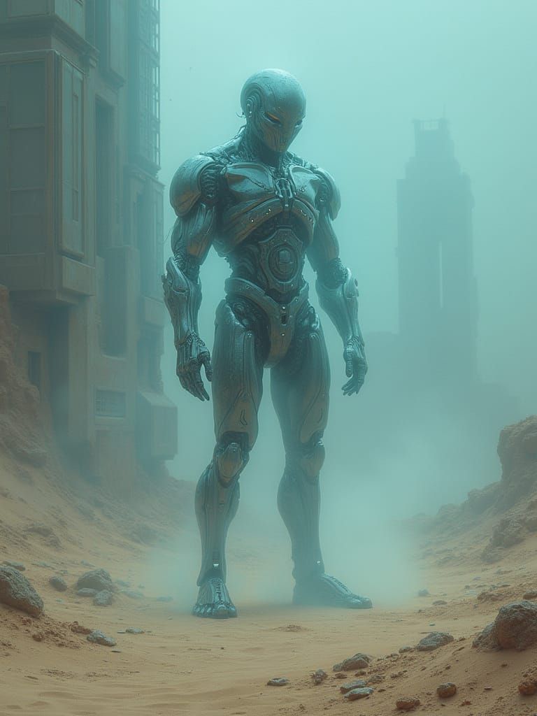 Cyborg Solitude in a Futuristic Desert Oasis