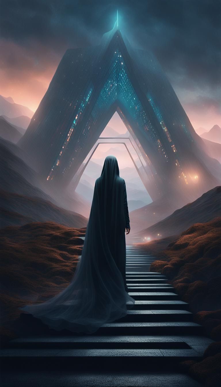 Woman Approaches Futuristic Structure in Matte Painting Styl...