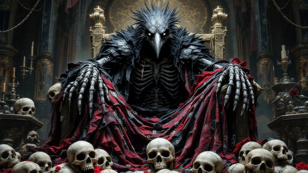 Raven Skeleton Lord on Skull Throne in Dark Fantasy Style