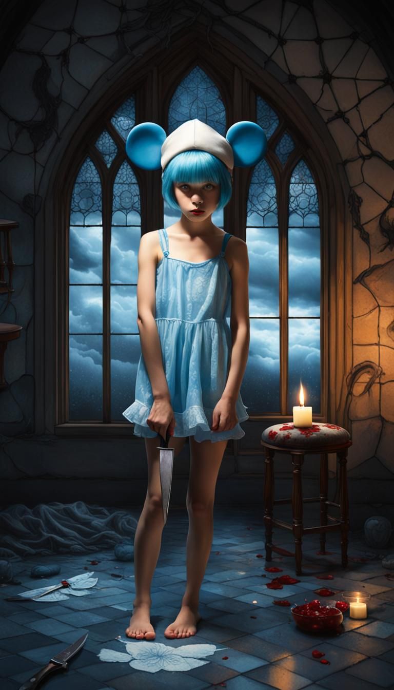 Woman with Knife in Castle Corridor