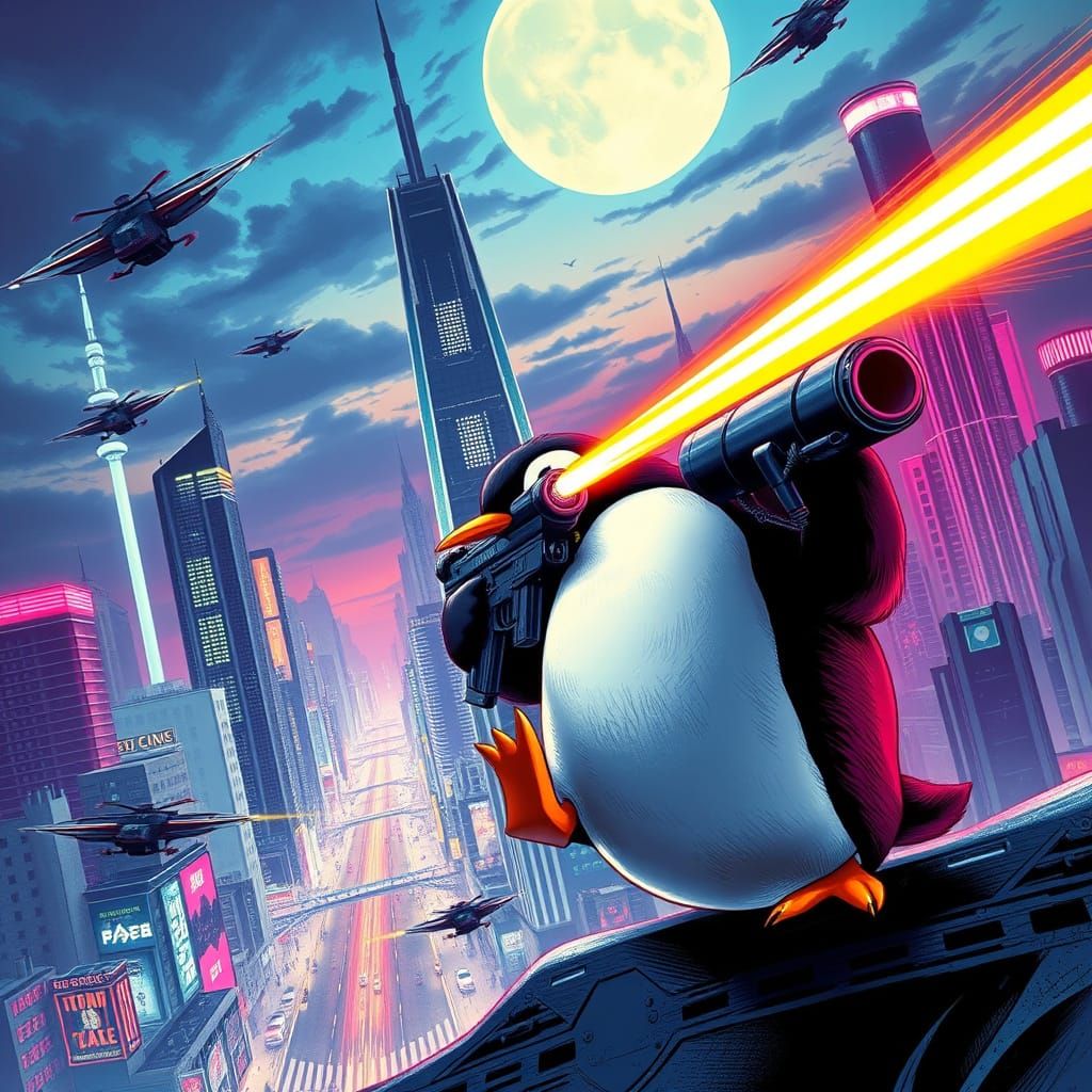 Cyberpunk Penguin Blasts Cityscape with Plasma Rifle