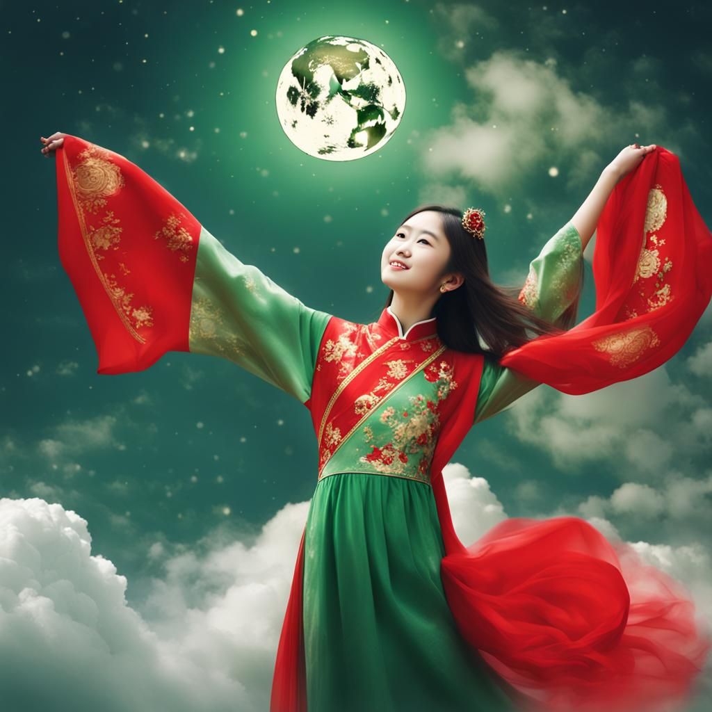 Chinese Girls Holding the Moon in Divine Light