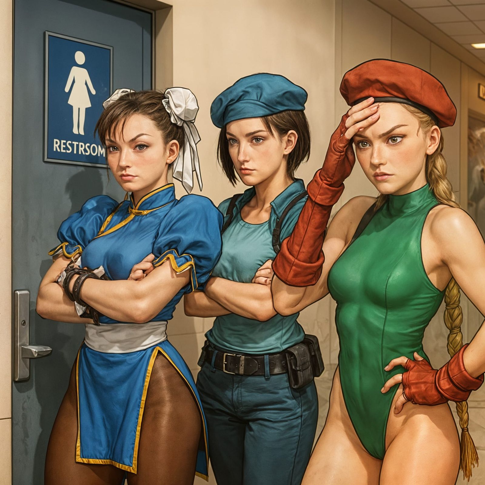 Impatient Women Waiting Outside Restroom, Digital Art