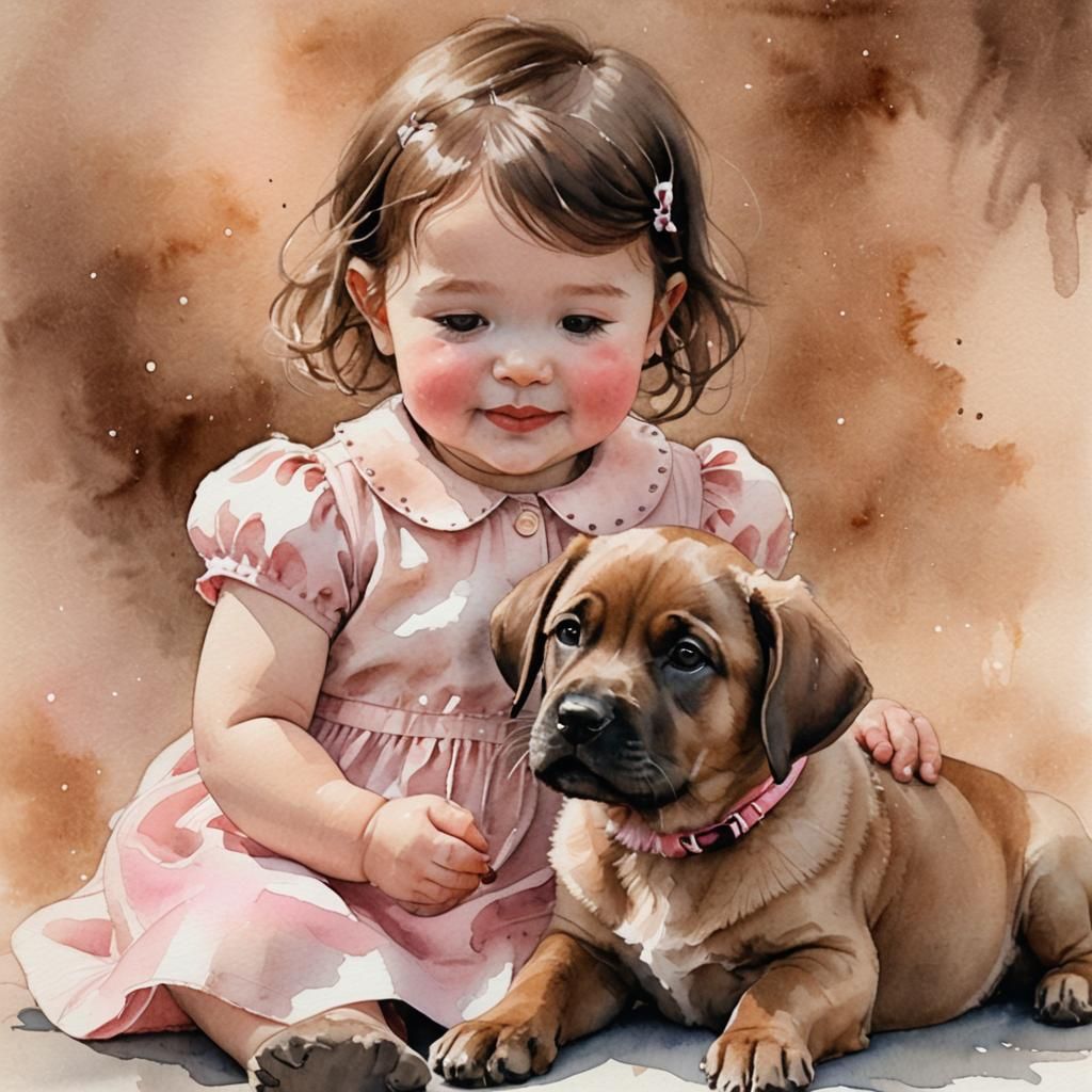 Whimsical Watercolour of Baby with Dog in Pastel Colors