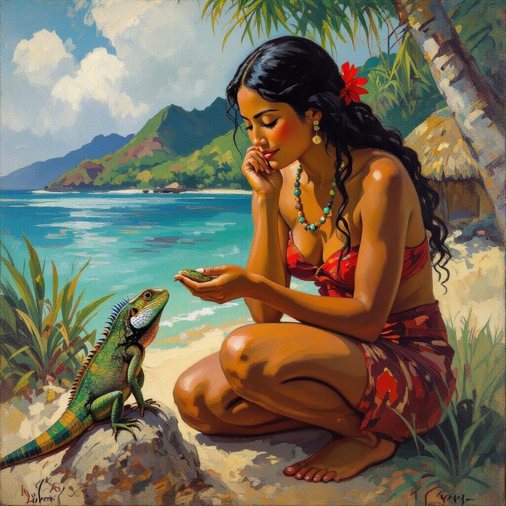 Tahitian Woman and Lizard in Gauguin Style