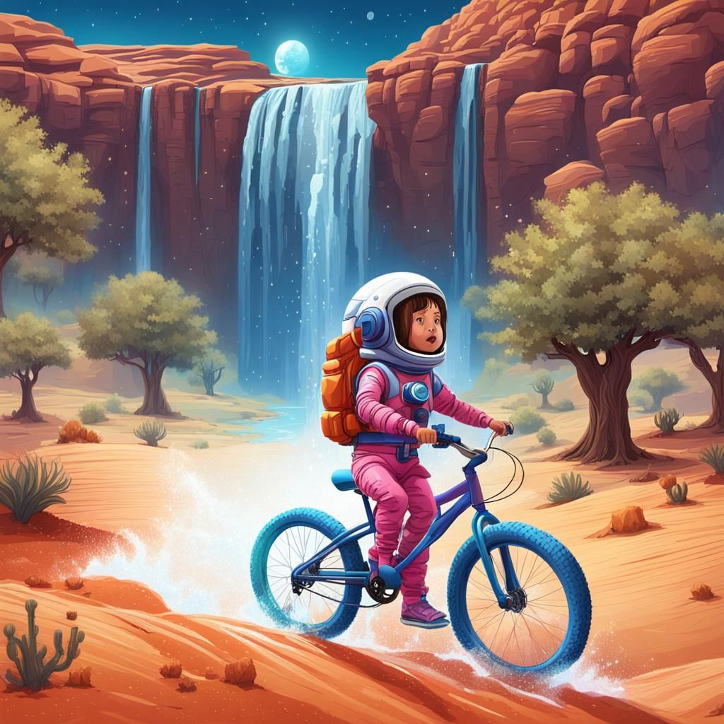 Girl in Spacesuit Rides Bike in Desert Oasis