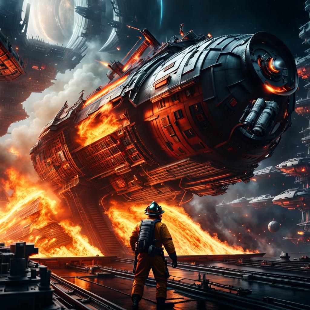 Firefighter Extinguishes Space Warship Blaze: Sci-Fi Concept...