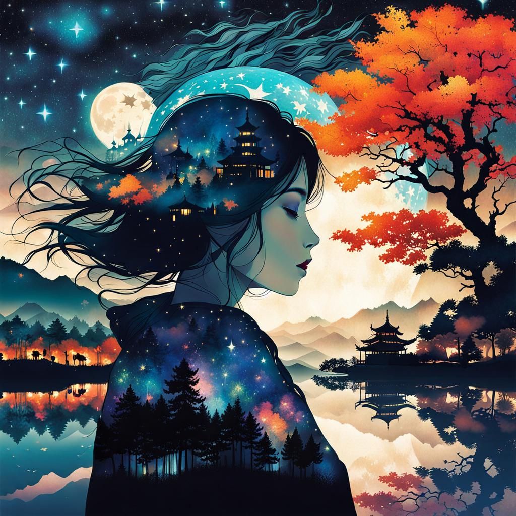 Manhwa Woman with Fantasy World in Double Exposure