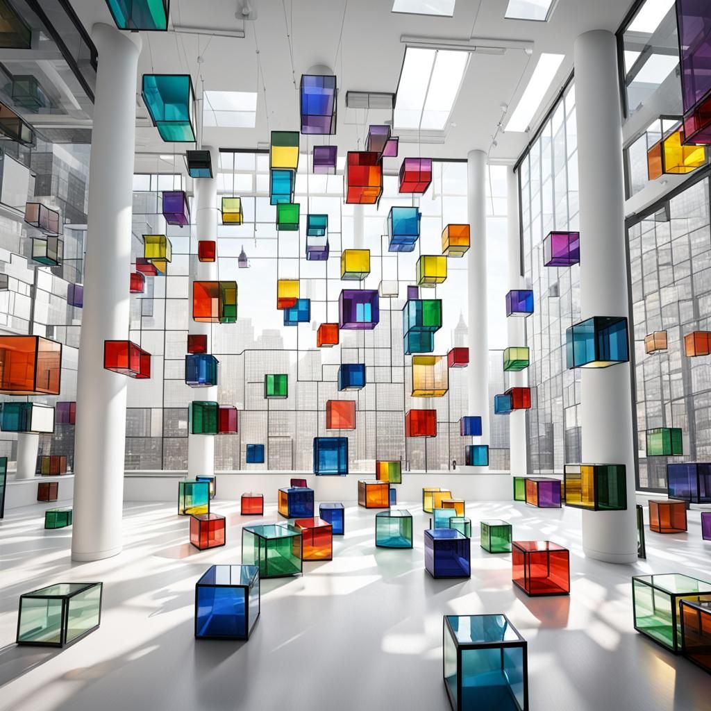 Abstract Rainbow Glass Cubes in White Room