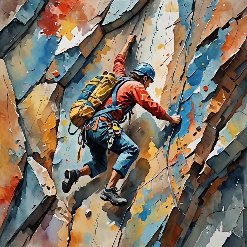 Climber Ascends Wall in Gouache Impressionist Style