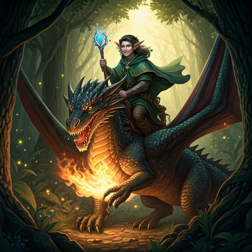 Elf on Dragon in Enchanted Forest, Art Nouveau Style