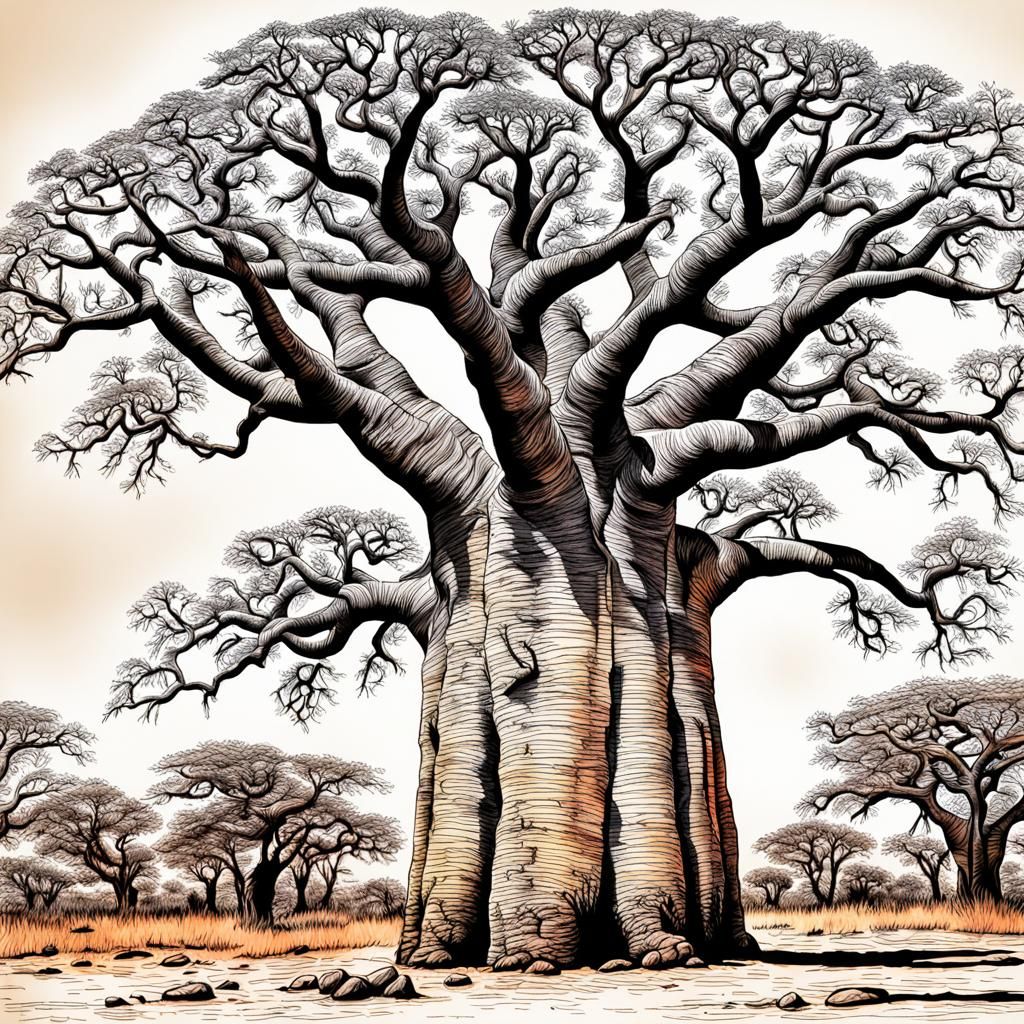 Hyperrealistic Ink Drawing of a Baobab Tree