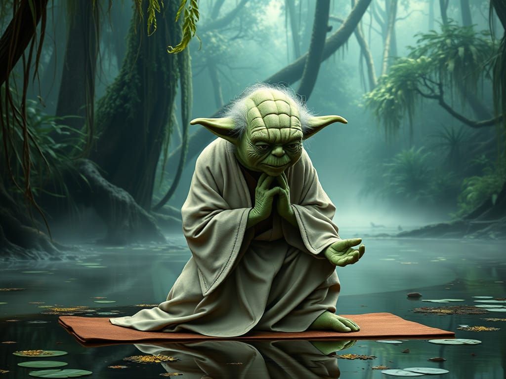 Yoda doing a downward dog yoga pose