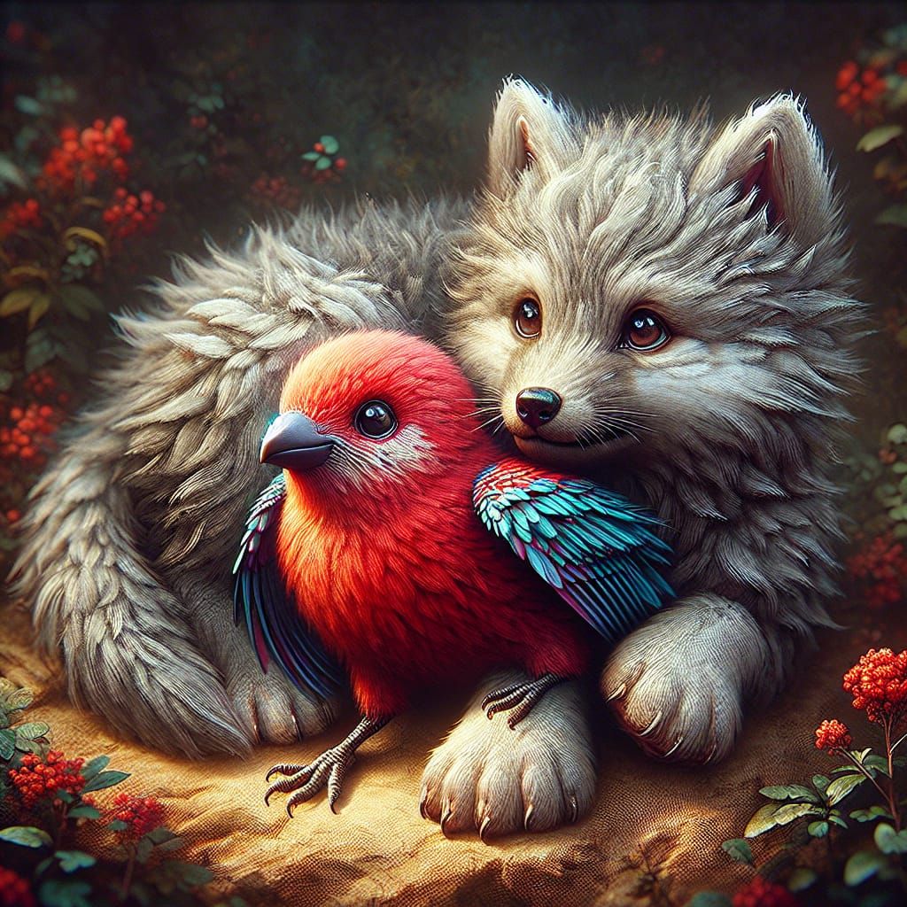Adorable Wolf Cub and Bird: 3D Digital Art