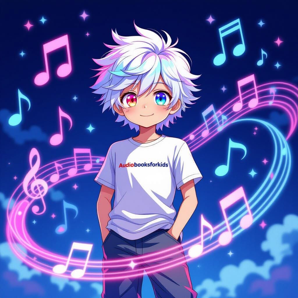 Anime Boy with Rainbow Eyes and Musical Notes