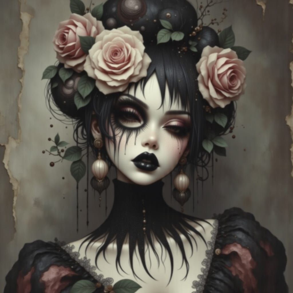 Goth Grunge Lady with Roses in Dreamlike Scene