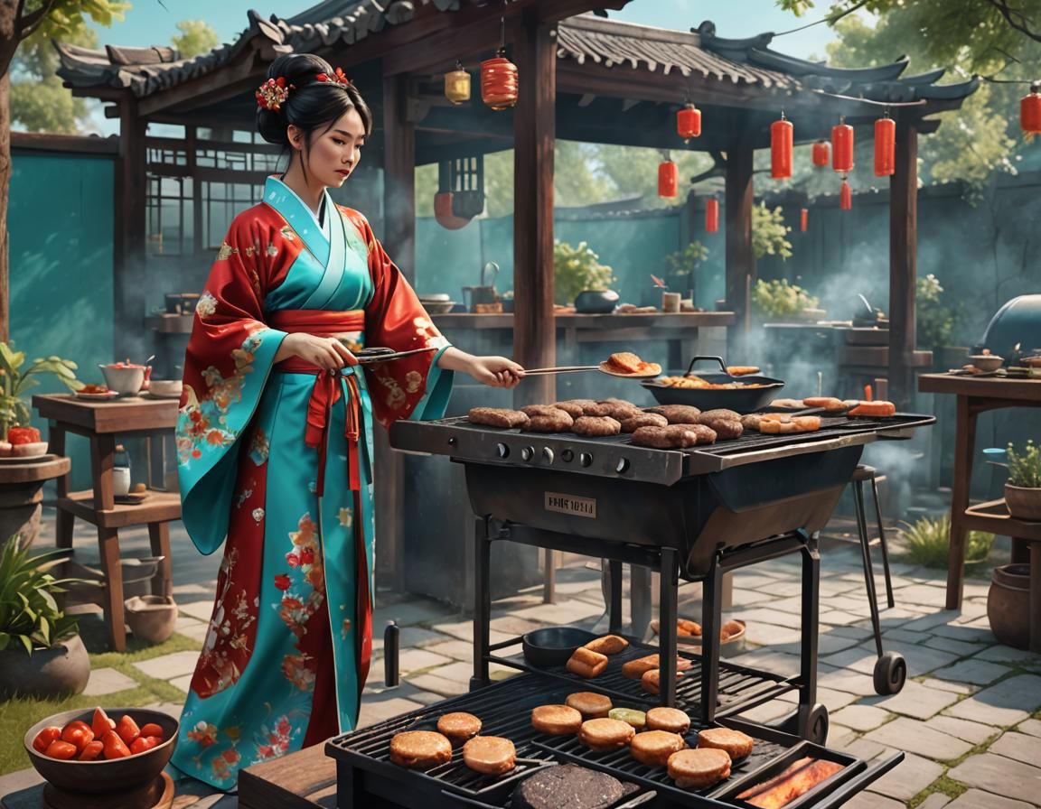 Woman in Kimono Grilling: Detailed Fantasy Art