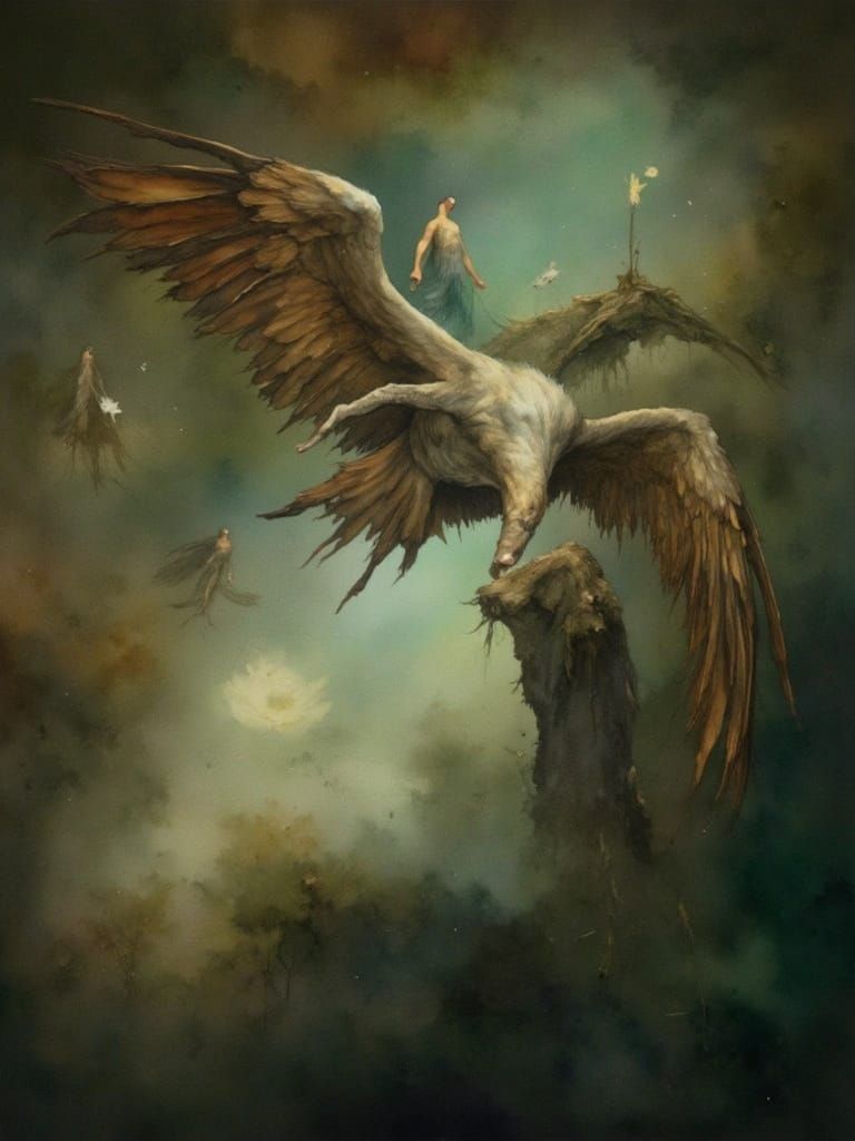 Ethereal Elves Soar Above Serene Riverscape in Pre-Raphaelit...