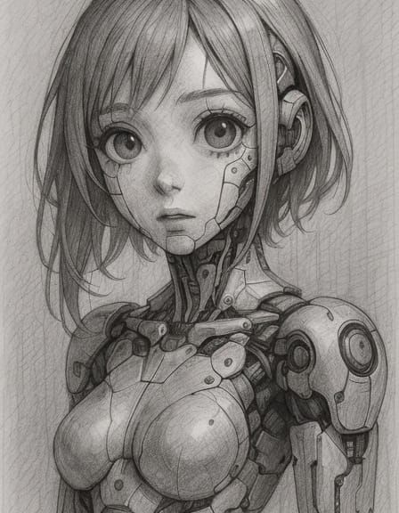 Female Cyborg in Pencil Style Manga, Unreal Engine 5