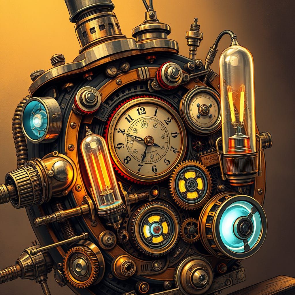 Intricate Steampunk Gadget with Brass Gears and Glowing Tube...