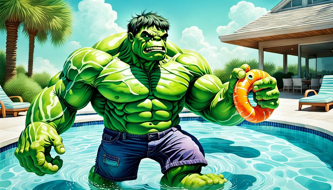 Hulk in Floaties: Whimsical Watercolor Illustration