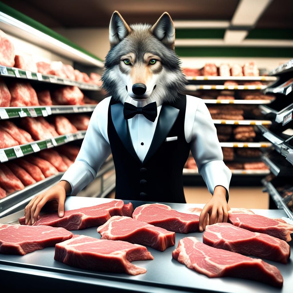 Wolf in Tuxedo Buys Steaks: Hyper-Realistic Photography