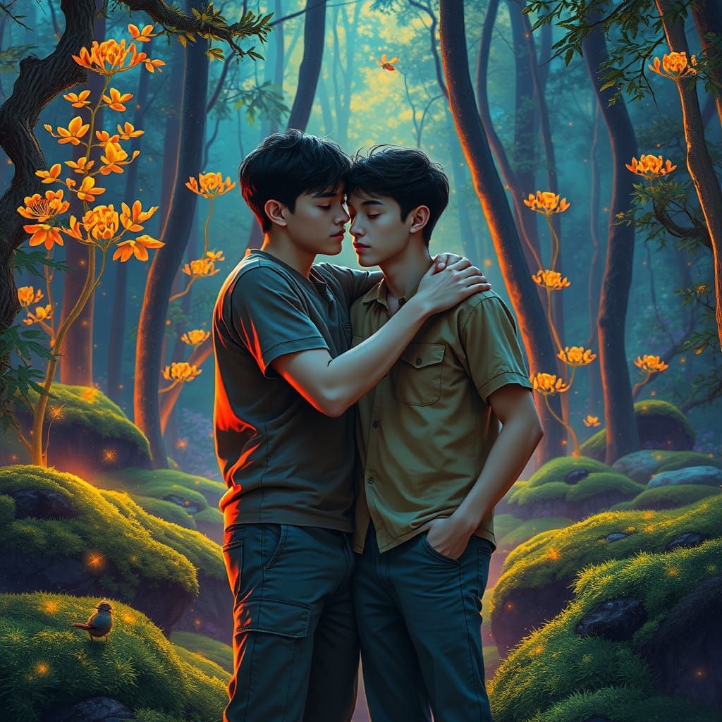 Bioluminescent Forest Embrace, Inspired by Hockney and Shink...