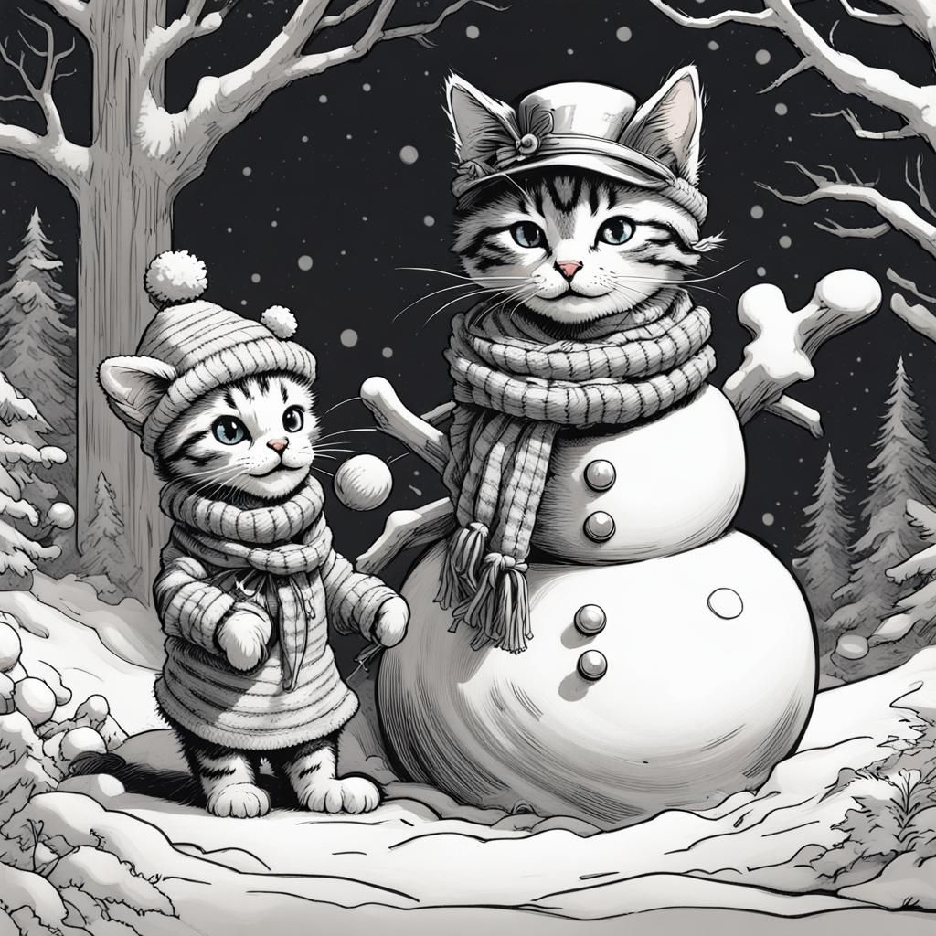 Kitten Builds Snowman in Tenniel Style Drawing