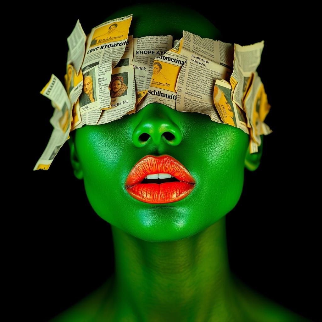 Surreal Portrait of a Green-Skinned Woman with Vibrant Orang...