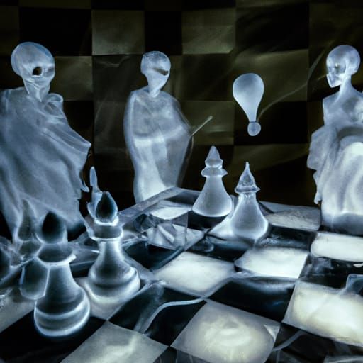 Eerie Chess Game with Ghostly Figures in Volumetric Lighting