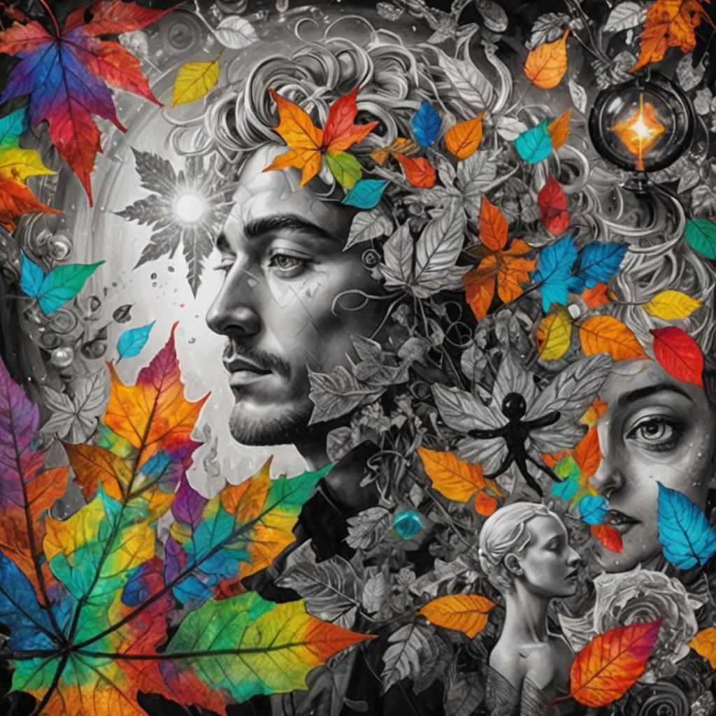 surreal autumn leaves,  Halloween , child's drawing of a dre...