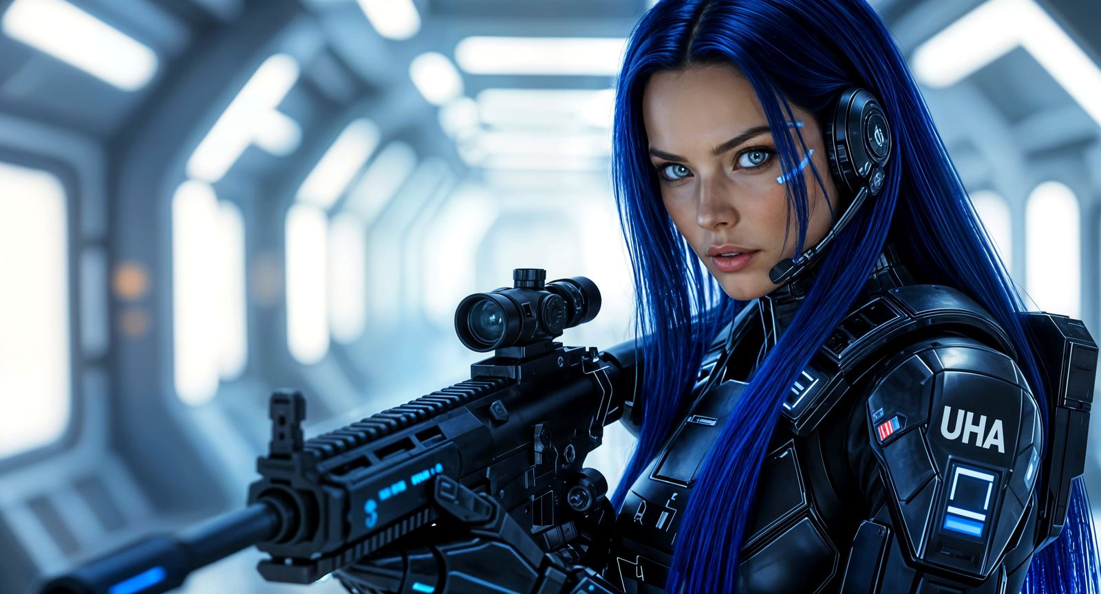 Sci-Fi Woman in Futuristic Armor with Laser Rifle