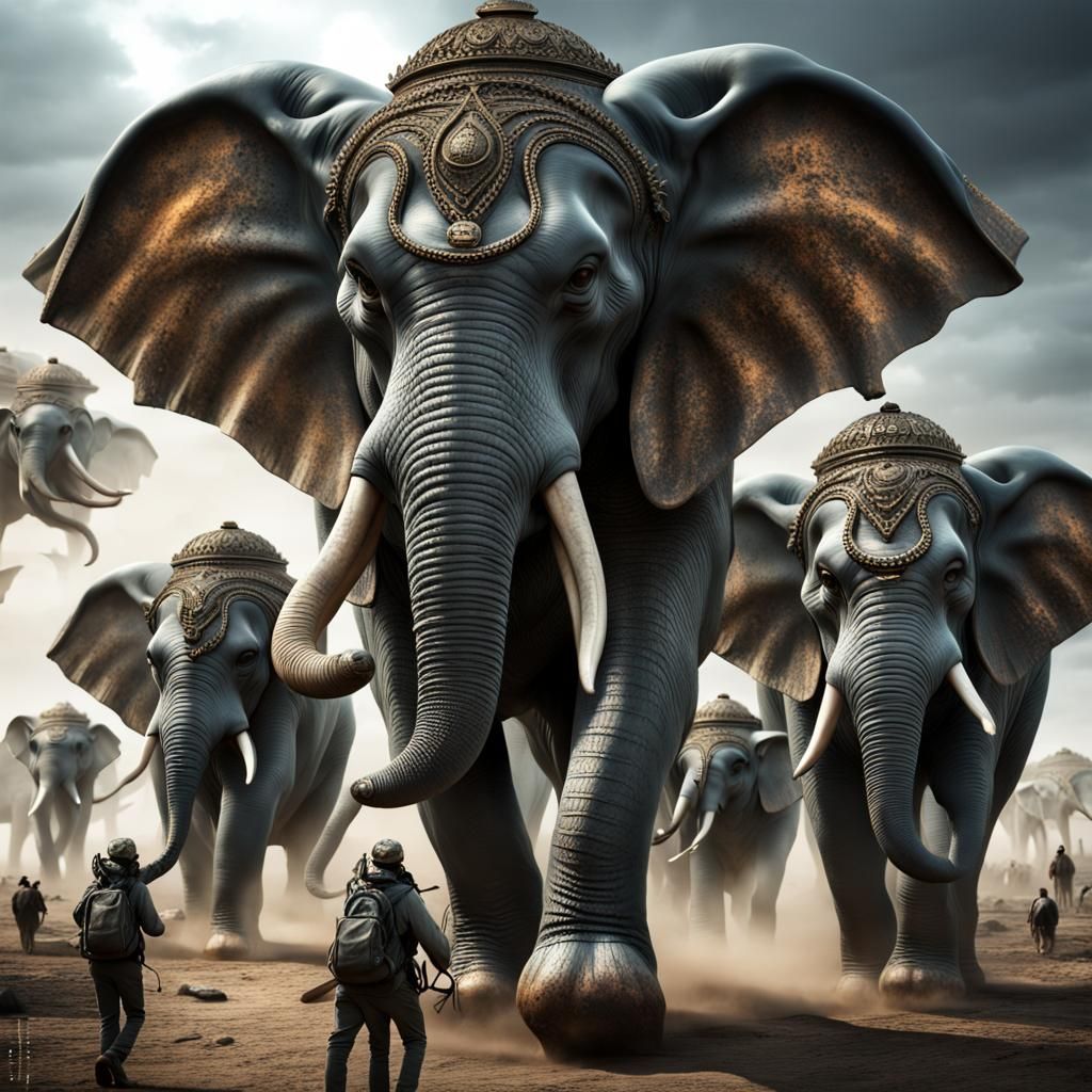 Alien Army Invades Earth Atop Elephants: Hyperrealistic HDR