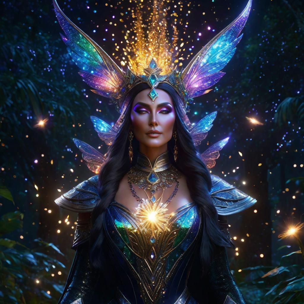 Iridescent Sorceress in Hyperreal Glittering Landscape