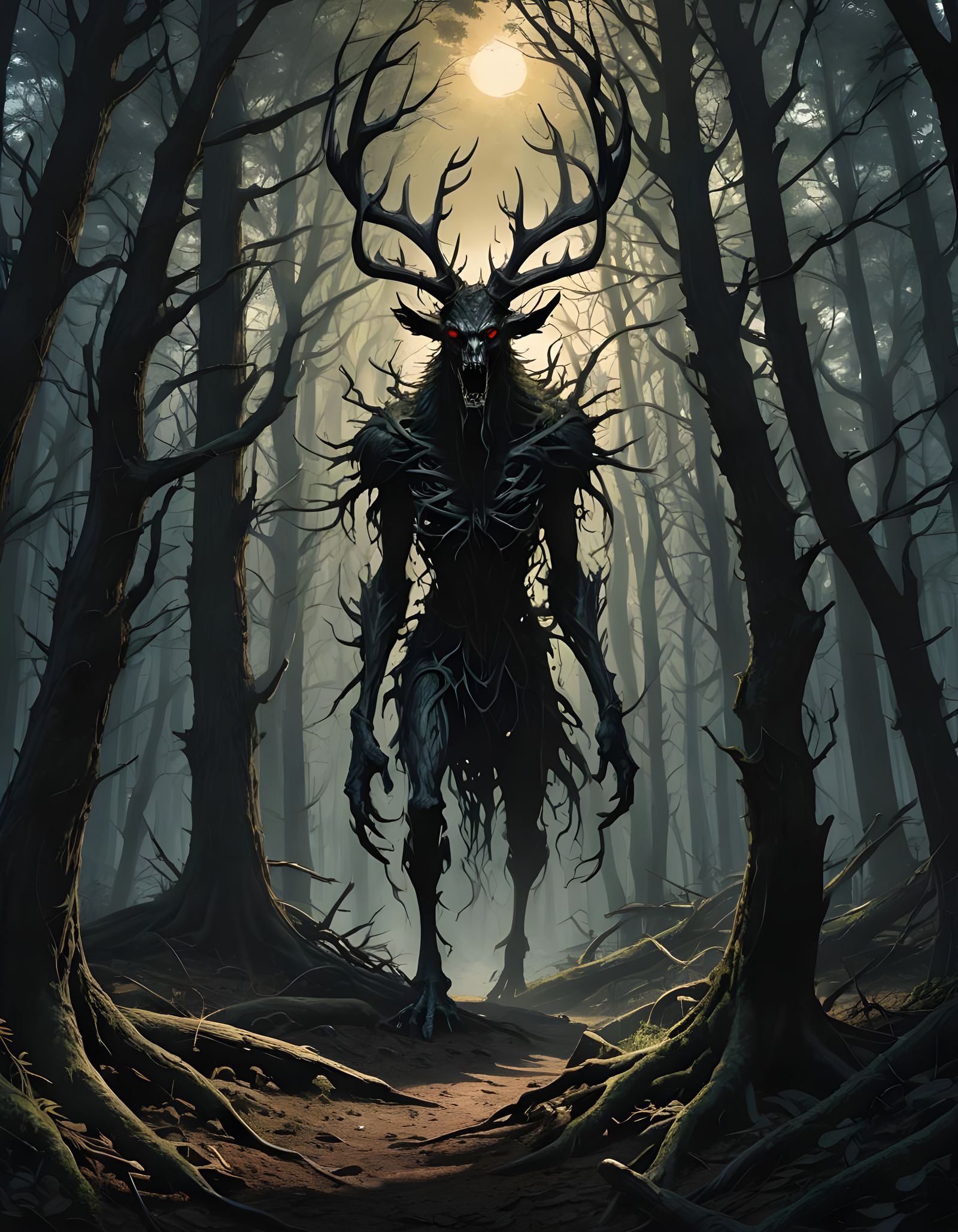 Sinister Wendigo in Forest: Horror Book Cover Art