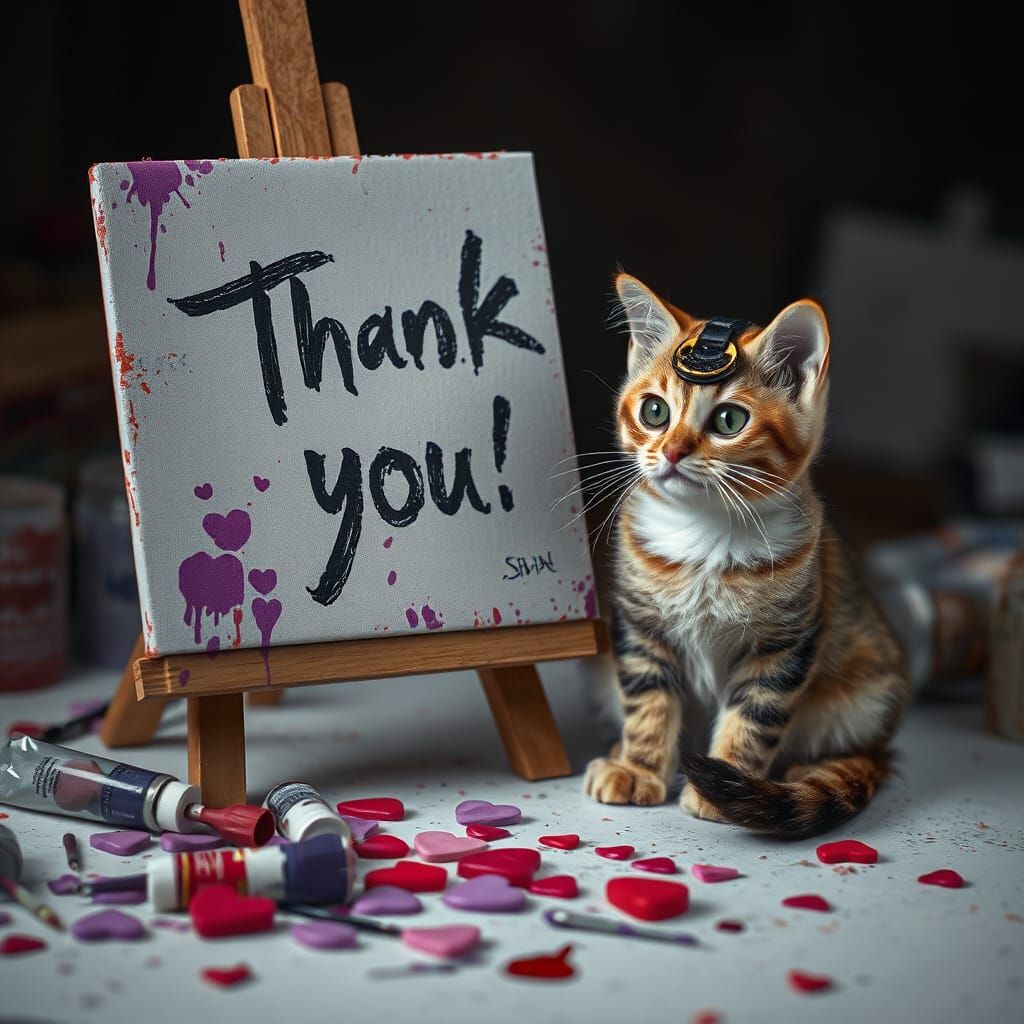 Cat Artist Painting Thank You Message