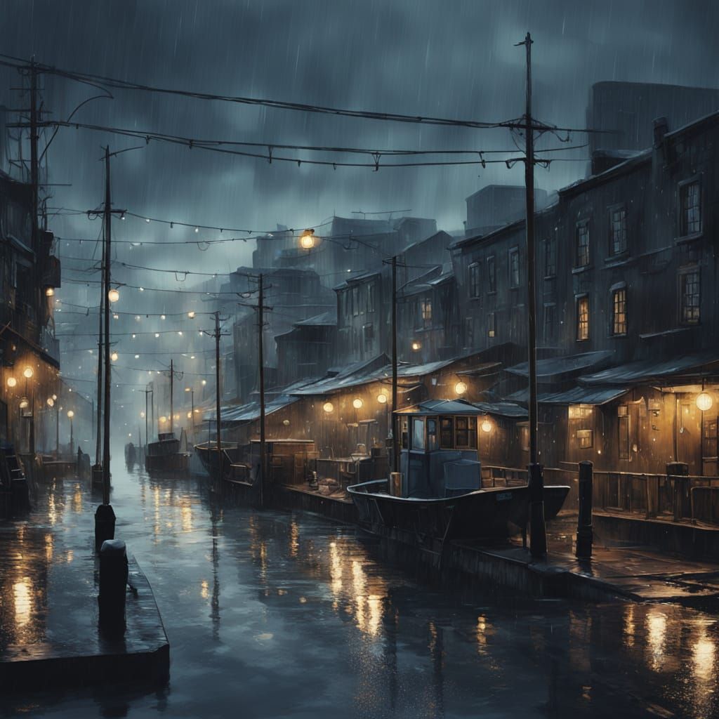 Gloomy Seaport Evening with Blurred Lights